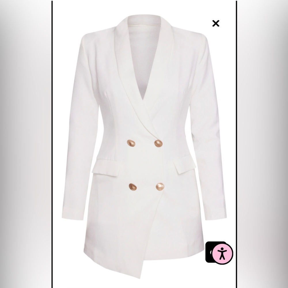 PrettyLittleThing White Double-Breasted Blazer Dress with Gold Buttons